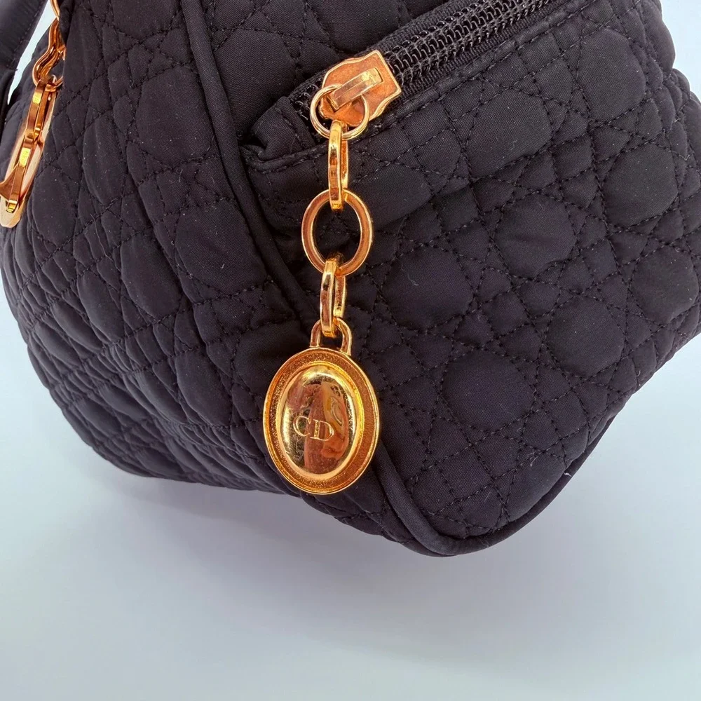 Vintage Dior Lady Dior Nylon Handbag Black Quilted Cannage Gold Charm Classic